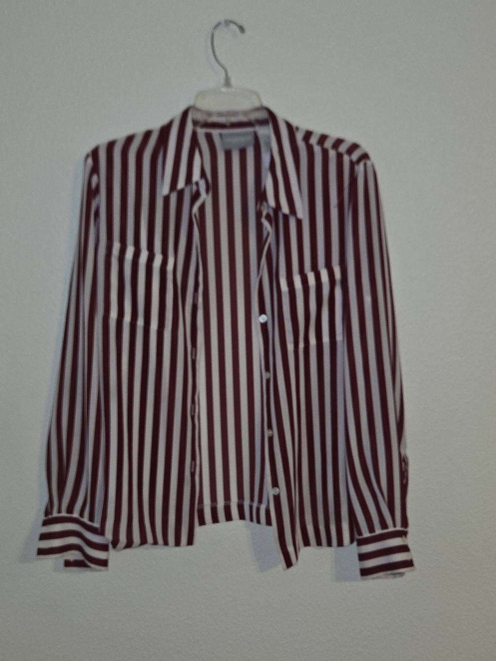Liz Claiborne Burgundy and White Vertical Stripe Button-Up Shirt